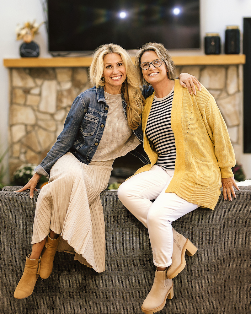 Brown haired woman in yellow sweater and blonde haired woman in blue jacket sit on the back of a couch in front of a stone fireplace